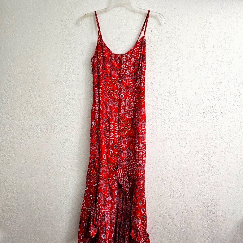 ATL Abel The Label Tangerine Red Lola Floral Button Ruffle Hem High Low Dress